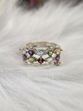 Multi-Gemstone Sterling Silver Band Ring - Multicolor